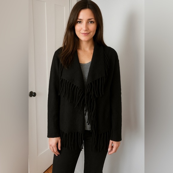 Wool Black Fringe Coat - Picture 2 of 7